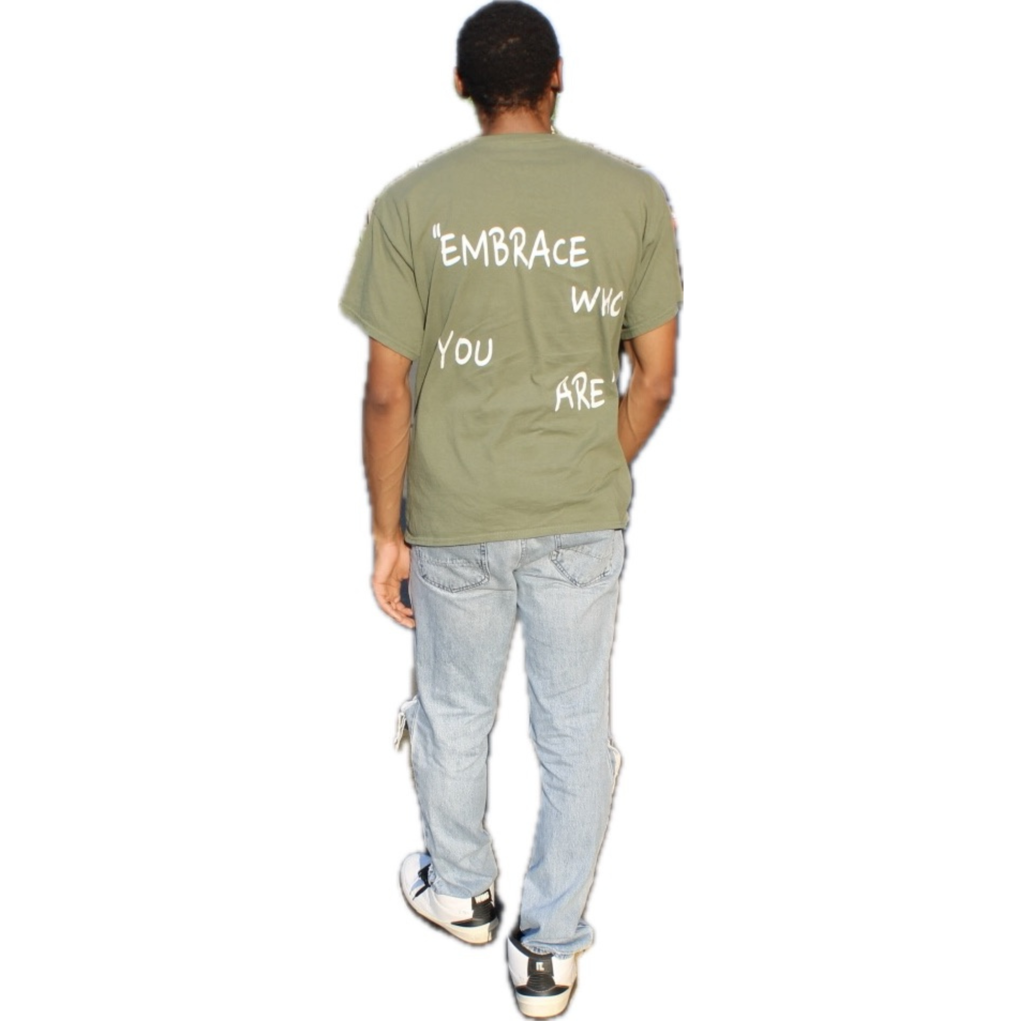 Person wearing a green t-shirt with motivational text on the back, standing against a white background